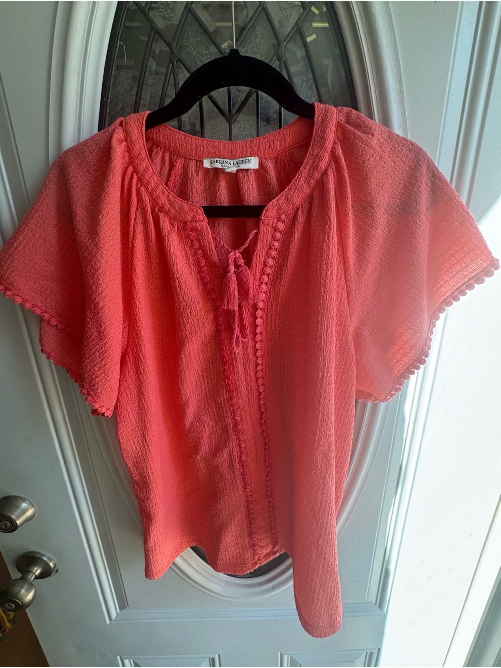 Sabrina Lauren Women’s S Coral Boho Peasant Blouse Tassel Pom Pom Top